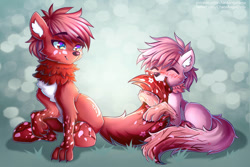 Size: 1095x730 | Tagged: safe, artist:chaosangeldesu, imported from derpibooru, oc, oc:akura, oc:nohana, timber wolf, wolf, wolf pony, biting, blossomwolves, branches, cherry blossoms, chest fluff, claws, crescent moon, cute, ears up, eyes closed, fangs, father, father and child, father and son, flower, flower blossom, fluffy tail, freckles, hips, hooves, hug, looking at someone, male, moon, neck fluff, offspring, paws, petals, son, spiky hair, tail, tail bite, tail hug, two toned mane, two toned tail, white belly