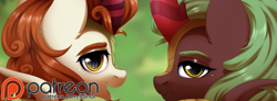 Size: 4992x1830 | Tagged: safe, artist:dinoalpaka, imported from derpibooru, autumn blaze, cinder glow, summer flare, kirin, advertisement, duo, duo female, female, looking at you, looking back, mare, open mouth, patreon, patreon logo, patreon preview