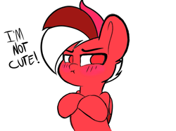 Size: 1015x761 | Tagged: safe, artist:joaothejohn, imported from derpibooru, oc, oc only, oc:flamebrush, pegasus, pony, blatant lies, blushing, crossed arms, cute, denial, frown, i'm not cute, looking at someone, ocbetes, pegasus oc, simple background, solo, text, white background, wings