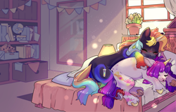 Size: 4096x2625 | Tagged: safe, artist:cutepencilcase, imported from derpibooru, oc, oc only, pony, unicorn, bed, bookshelf, crepuscular rays, dust, dust motes, globe, lamp, plant pot, plushie, teddy bear, window