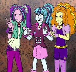 Size: 786x742 | Tagged: safe, artist:elioo, imported from derpibooru, adagio dazzle, aria blaze, sonata dusk, human, equestria girls, clothes, cute, female, open mouth, peace sign, smiling, surprised, the dazzlings, trio