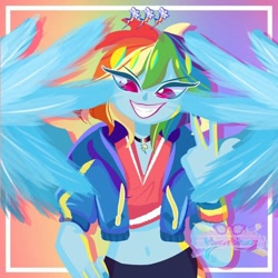 Size: 800x800 | Tagged: safe, artist:windywendy29, imported from derpibooru, rainbow dash, human, equestria girls, belly button, choker, clothes, female, grin, jacket, midriff, nail polish, pants, short shirt, smiling, solo, wings