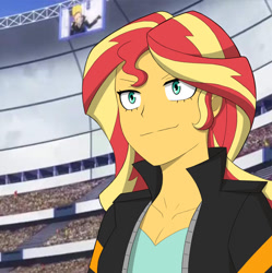 Size: 868x872 | Tagged: safe, artist:elioo, imported from derpibooru, sunset shimmer, human, equestria girls, anime, anime style, breasts, busty sunset shimmer, cleavage, clothes, crossover, female, my hero academia, present mic, smiling, solo, stadium, style emulation