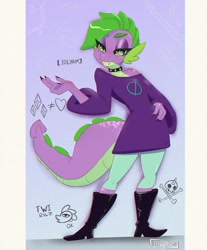 Size: 994x1200 | Tagged: safe, artist:inkypuso, imported from derpibooru, spike, anthro, dragon, absurd resolution, barb, boots, clothes, dragoness, female, gender headcanon, goth, goth barb, hand on hip, heart, lidded eyes, nonbinary, nonexistent meet-cute [idlyam], shoes, simple background, solo, vylet pony, white background