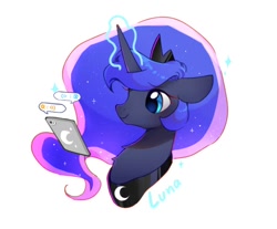 Size: 1002x830 | Tagged: safe, artist:dreamsugar, imported from derpibooru, princess luna, alicorn, pony, bust, cellphone, female, glowing, glowing horn, horn, magic, magic aura, mare, phone, portrait, simple background, smartphone, solo, telekinesis, white background