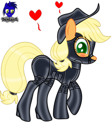 Size: 3840x4154 | Tagged: safe, artist:damlanil, imported from derpibooru, applejack, earth pony, pony, bdsm, blushing, bodysuit, bondage, bondage mask, boots, catsuit, clothes, collar, corset, female, floating heart, gag, gimp suit, heart, high heels, hood, latex, latex boots, latex suit, mare, muzzle gag, rubber, shiny, shoes, show accurate, simple background, solo, suit, transparent background, vector