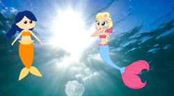 Size: 1212x674 | Tagged: safe, artist:boogeyboy1, imported from derpibooru, megan williams, jellyfish, mermaid, equestria girls, happy, sun, underwater, water