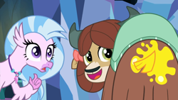 Size: 1920x1080 | Tagged: safe, imported from derpibooru, screencap, silverstream, yona, classical hippogriff, hippogriff, yak, season 9, uprooted, spoiler:s09, bowtie, cute, duo, duo female, female, happy, hulu reference, hulu thumbnail, monkey swings, oops, oops my bad, open mouth, paint, tail, the place where we belong, yellow paint, yonadorable