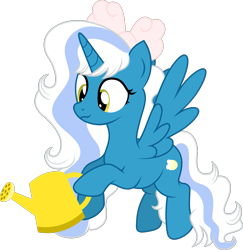 Size: 1321x1360 | Tagged: safe, artist:littlejurnalina, imported from derpibooru, oc, oc:fleurbelle, alicorn, pony, alicorn oc, bow, female, hair bow, horn, mare, simple background, solo, transparent background, watering can, wings