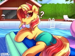 Size: 2000x1500 | Tagged: safe, artist:shadowreindeer, imported from derpibooru, sunset shimmer, pony, unicorn, equestria girls, blushing, clothes, pool toy, question mark, shorts, solo, swimming pool