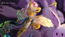 Size: 1280x720 | Tagged: safe, artist:degurechaft, imported from derpibooru, fluttershy, human, rabbit, animal, armor, badass, boots, caduceus, clothes, female, flutterbadass, gloves, humanized, scythe, shoes, solo, winged humanization, wings