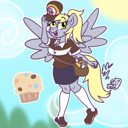 Size: 1000x1000 | Tagged: safe, artist:erynerikard, imported from derpibooru, derpy hooves, anthro, pegasus, plantigrade anthro, bag, blushing, clothes, digital art, food, hat, hat tip, kneesocks, mailbag, mailmare, muffin, shoes, skirt, smiling, socks, solo