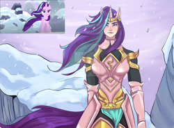 Size: 1280x940 | Tagged: safe, artist:degurechaft, imported from derpibooru, starlight glimmer, human, pony, unicorn, the ending of the end, armor, armor skirt, badass, clothes, deviantart watermark, female, gloves, horn, horned humanization, humanized, mare, obtrusive watermark, scene interpretation, screencap reference, skirt, snow, solo, watermark