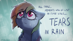 Size: 1920x1080 | Tagged: safe, artist:d3f4ult_4rt1st, imported from derpibooru, rainbow dash, pegasus, pony, blade runner, chest fluff, looking up, rain, roy batty, sad, solo, tears in rain, text, wet, wet mane