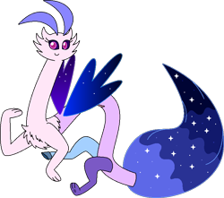 Size: 788x696 | Tagged: safe, artist:dolphboi, imported from derpibooru, oc, oc only, oc:symphony (draconequus), draconequus, female, looking at you, simple background, sister, smiling, solo, starry tail, starry wings, story included, tail, transparent background, wings