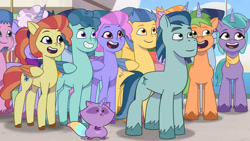 Size: 3410x1920 | Tagged: safe, imported from derpibooru, screencap, earth pony, pegasus, pony, raccoon, unicorn, spoiler:g5, spoiler:my little pony: tell your tale, spoiler:tyts01e23, :p, another pony's trash, autumn skies, crossed arms, female, g5, grin, high res, lemon gear, male, mare, my little pony: tell your tale, open mouth, open smile, raccoonicorn, rufus, smiling, stallion, tongue out, youtube link