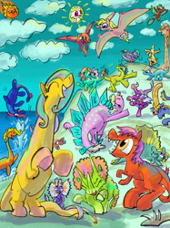 Size: 2624x3500 | Tagged: safe, artist:ja0822ck, imported from derpibooru, princess celestia, dinosaur, pony, stegosaurus, triceratops, asteroid, cloud, dinopony, happy, imminent death, open mouth, open smile, ponified, sharp teeth, smiling, sun, teeth, this will end in death