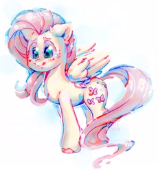 Size: 3118x3384 | Tagged: safe, artist:dragonfruitbubble, imported from derpibooru, fluttershy, pegasus, pony, chromatic aberration, colored hooves, cute, female, high res, mare, partially open wings, simple background, smiling, solo, standing, three quarter view, white background, wings