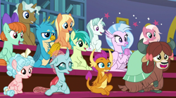 Size: 1278x718 | Tagged: safe, imported from derpibooru, screencap, amber grain, clever musings, cozy glow, fuchsia frost, gallus, ocellus, peppermint goldylinks, sandbar, silverstream, smolder, snowy quartz, yona, changedling, changeling, classical hippogriff, dragon, earth pony, griffon, hippogriff, pegasus, pony, unicorn, yak, a rockhoof and a hard place, bow, cloven hooves, colored hooves, cozybetes, cute, diaocelles, diastreamies, dragoness, female, friendship student, gallabetes, hair bow, jewelry, malachite (sailor moon), male, monkey swings, necklace, sandabetes, smolderbetes, student six, teenager, yonadorable