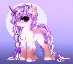 Size: 800x704 | Tagged: safe, artist:cabbage-arts, imported from derpibooru, oc, oc only, oc:lavender tea, pony, unicorn, adoptable, auction open, butt fluff, chest fluff, colored hooves, curved horn, cute, ear fluff, female, film grain, full body, gradient background, horn, looking at you, mare, pale belly, smiling, smiling at you, solo, unicorn oc, unshorn fetlocks, watermark