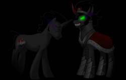 Size: 3072x1953 | Tagged: safe, artist:moonight118, imported from derpibooru, king sombra, umbrum, unicorn, a tale of one shadow, antagonist, black background, curved horn, duality, evil grin, eyes closed, grin, horn, male, shadow, simple background, smiling, sombra eyes, sombra's cutie mark