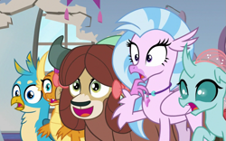 Size: 949x591 | Tagged: safe, imported from derpibooru, screencap, gallus, ocellus, silverstream, smolder, yona, changedling, changeling, classical hippogriff, dragon, griffon, hippogriff, yak, a rockhoof and a hard place, cropped, reaction image, varying degrees of want