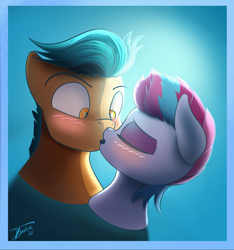 Size: 2188x2336 | Tagged: safe, artist:tyleks, imported from derpibooru, hitch trailblazer, zipp storm, earth pony, pegasus, pony, adorazipp, blushing, bust, cute, duo, duo male and female, eyebrows, eyes closed, female, g5, high res, hitchbetes, hitchzipp, kiss on the lips, kissing, male, mare, shipping, signature, simple background, stallion, straight, surprise kiss