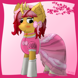 Size: 3000x3000 | Tagged: safe, artist:spiroudada, imported from derpibooru, oc, oc:dolly hooves, oc:silk gloves, pony, unicorn, blushing, bow, choker, clothes, collar, crossdressing, cute, dress, gloves, makeup, male, shoes, shy, stallion