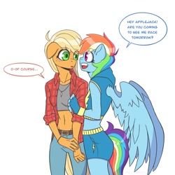 Size: 1200x1200 | Tagged: safe, artist:shallowwin, imported from derpibooru, applejack, rainbow dash, anthro, earth pony, pegasus, appledash, belly button, belt, clothes, cute, dashabetes, denim, duo, female, fingerless gloves, flannel, floppy ears, gloves, hoodie, jackabetes, jeans, jewelry, lesbian, midriff, necklace, open mouth, pants, shipping, shorts, simple background, sleeveless, sleeveless hoodie, sports bra, sports shorts, white background, wristband