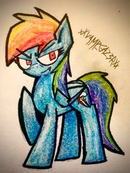 Size: 3024x4032 | Tagged: safe, artist:xxv4mp_g4z3rxx, imported from derpibooru, rainbow dash, pegasus, pony, blue coat, colored pencil drawing, fangs, multicolored mane, multicolored tail, raised hoof, signature, solo, tail, traditional art
