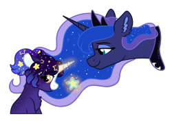 Size: 2350x1650 | Tagged: safe, artist:pink-pone, imported from derpibooru, princess luna, oc, oc:nova stella, alicorn, pony, unicorn, bald face, blaze (coat marking), blushing, bust, chest fluff, coat markings, colored pinnae, duo, ear fluff, ethereal mane, facial markings, female, filly, foal, gift giving, gingerverse, horn, looking at someone, looking away, magic, magic aura, mare, profile, simple background, starry mane, telekinesis, transparent background, unicorn oc