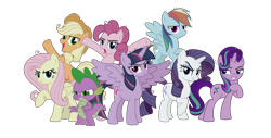 Size: 5909x3008 | Tagged: safe, artist:ponygamer2020, imported from derpibooru, mean applejack, mean fluttershy, mean pinkie pie, mean rainbow dash, mean rarity, mean twilight sparkle, spike, starlight glimmer, twilight sparkle, alicorn, dragon, earth pony, pegasus, pony, unicorn, the mean 6, absurd resolution, applejack's hat, clone, cowboy hat, ears, evil grin, evil laugh, evil smirk, evil spike, evil starlight, eyebrows, female, grin, group, hat, hoof in air, hooves in air, laughing, looking at you, male, mane eight, mare, mean eight, mean six, mean spike, mean starlight glimmer, meanified, narrowed eyes, raised hoof, shadow, simple background, smiling, standing, tail, transparent background, twilight sparkle (alicorn), vector, what if, y pose