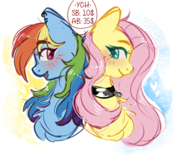 Size: 1640x1468 | Tagged: safe, artist:vaiola, imported from derpibooru, fluttershy, rainbow dash, pegasus, pony, advertisement, auction, avatar, back to back, big eyes, blushing, bust, chest fluff, collar, commission, couple, cute, duo, ear fluff, ear piercing, earring, example, eyebrows, female, fluffy, flutterdash, flutterpet, happy, icon, jewelry, lesbian, long mane, looking at each other, looking at someone, looking back, mare, pet play, piercing, portrait, shipping, shy, simple background, sketch, ych example, your character here