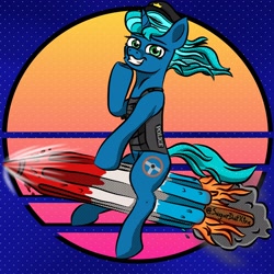 Size: 3120x3120 | Tagged: safe, artist:sugardotxtra, imported from derpibooru, oc, bomb pop, commission, food, police officer, popsicle, retrowave, rocket, ych result, your character here