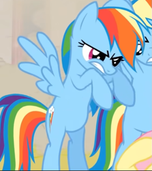 Size: 623x700 | Tagged: safe, imported from derpibooru, screencap, rainbow dash, changeling, pegasus, pony, a canterlot wedding, season 2, angry, bipedal, cropped, disguise, disguised changeling, solo focus