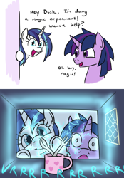 Size: 592x850 | Tagged: safe, artist:jargon scott, imported from derpibooru, shining armor, twilight sparkle, pony, unicorn, against glass, brother and sister, comic, cute, dialogue, dusk shine, female, fork, glass, gleaming shield, male, mare, microwave, open mouth, open smile, rule 63, shining armor is a goddamn moron, siblings, smiling, spoon, stallion, this will end in explosions, this will end in fire, this will end in grounding, this will end in pain, this will not end well, too dumb to live