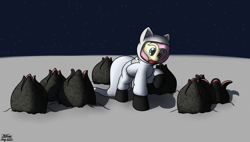 Size: 2766x1575 | Tagged: safe, artist:the-furry-railfan, imported from derpibooru, part of a set, fluttershy, alien, facehugger, pegasus, pony, series:one small trot for a pony, alien (franchise), astronaut, boots, curious, egg, female, helmet, moon, part of a series, sequence, shoes, solo, space, space helmet, spacesuit, stars, story included, this will end in death, this will end in tears, this will end in tears and/or death