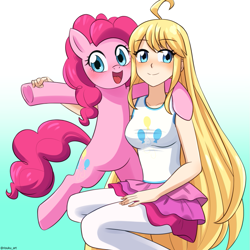 Size: 875x875 | Tagged: safe, artist:riouku, imported from derpibooru, pinkie pie, earth pony, human, pony, anime, blushing, clothes, commission, cosplay, costume, crossover, cute, diapinkes, dragalia lost, duo, female, mare, open mouth, shannon chan-kent, skirt, stockings, tanktop, thigh highs, voice actor joke, zethia