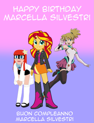 Size: 781x1023 | Tagged: safe, artist:cartoonanimefan2000, imported from derpibooru, sunset shimmer, human, equestria girls, anime, corona (spider riders), happy birthday, italian, johnny test, marcella silvestri, simple background, solo, spider riders, susan test, transparent background