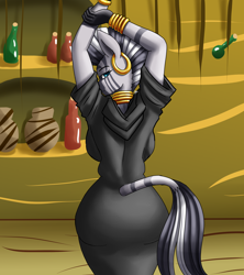 Size: 1600x1800 | Tagged: safe, artist:zachc, imported from derpibooru, zecora, anthro, zebra, ass, bracelet, breasts, busty zecora, butt, clothes, dress, ear piercing, earring, female, implied tail hole, jewelry, looking at you, looking back, looking back at you, neck rings, piercing, raised arm, rear view, solo, tail, wide hips, zecora's hut, zecorass