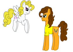 Size: 2048x1448 | Tagged: safe, artist:humanymcduck56, imported from derpibooru, cheese sandwich, surprise, earth pony, pegasus, pony, adoraprise, angry, cheese sandwich is not amused, cute, diacheeses, duo, female, flying, g1, g1 to g4, g4, generation leap, looking at each other, looking at someone, madorable, male, mare, simple background, stallion, surprise can fly, surprise is not amused, transparent background, unamused