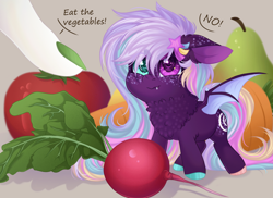 Size: 2200x1600 | Tagged: safe, artist:roselord, imported from derpibooru, oc, oc only, bat pony, pony, advertisement, chest fluff, commission, commission info, finger, fluffy, food, fruit, herbivore, heterochromia, neck fluff, pear, radish, tiny, tiny ponies, tomato, vegetables, ych result