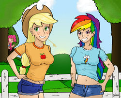 Size: 900x729 | Tagged: dead source, safe, artist:gutovi, imported from derpibooru, applejack, pinkie pie, rainbow dash, human, 2011, 2012, apple, applejack's hat, bandaid, clothes, cloud, cowboy hat, eyes closed, female, fence, food, freckles, grin, hat, humanized, multicolored hair, old art, pants, peace sign, rainbow hair, redraw, shirt, signature, sky, smiling, straw in mouth, tree