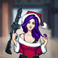 Size: 2969x3000 | Tagged: safe, artist:vombavr, edit, editor:drtoughlove, imported from twibooru, rarity, human, ar15, bra, christmas, clothes, female, gun, hair color edit, hat, holiday, humanized, image, needs more jpeg, santa hat, solo, trigger discipline, twibooru exclusive, underwear, weapon