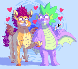 Size: 1900x1700 | Tagged: safe, artist:punkpride, imported from twibooru, scootaloo, spike, dragon, pegasus, pony, alternate design, blue background, colored hooves, ear piercing, feathered fetlocks, female, floating heart, gay, heart, holding hands, image, looking at each other, male, piercing, png, pride, pride flag, rule 63, scootaspike, scooteroll, shipping, simple background, smiling, standing, straight, transgender, transgender pride flag