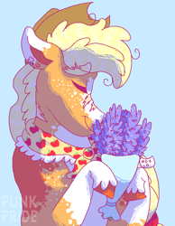 Size: 620x800 | Tagged: safe, artist:punkpride, imported from twibooru, applejack, earth pony, pony, applejack's hat, blue background, bouquet of flowers, coat markings, colored hooves, cowboy hat, eyes closed, female, flower, granny smith's shawl, hat, image, lavender, mare, png, scar, simple background, solo, unshorn fetlocks