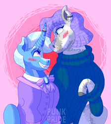 Size: 1700x1900 | Tagged: safe, artist:punkpride, imported from twibooru, maud pie, trixie, earth pony, pony, unicorn, alternate design, blushing, clothes, coat markings, ear piercing, female, horn, horn ring, image, jewelry, lesbian, looking at each other, mare, mauxie, piercing, pink background, png, ring, shipping, short mane, simple background, smiling