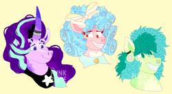 Size: 3500x1900 | Tagged: safe, artist:punkpride, imported from twibooru, cozy glow, sandbar, starlight glimmer, earth pony, pegasus, pony, unicorn, alternate design, bow, bust, ear piercing, female, freckles, hair bow, horn, horn ring, image, jewelry, male, mare, nose piercing, nose ring, older, older cozy glow, older sandbar, piercing, png, portrait, regalia, ring, simple background, smiling, stallion, yellow background