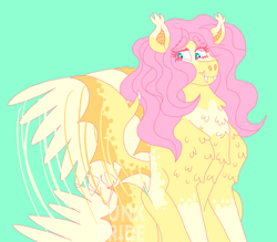 Size: 1600x1400 | Tagged: safe, artist:punkpride, imported from twibooru, fluttershy, bat pony, pegasus, pony, alternate design, bat ponified, coat markings, ear tufts, fangs, female, flutterbat, green background, hybrid wings, image, mare, png, race swap, simple background, solo, stimming, wings