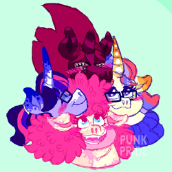Size: 1900x1900 | Tagged: safe, artist:punkpride, imported from twibooru, moondancer, pinkie pie, tempest shadow, twilight sparkle, alicorn, earth pony, pony, unicorn, alternate design, broken horn, clothes, coat markings, crying, eyes closed, female, glasses, horn, image, lesbian, moonpie, open mouth, png, polyamory, shipping, smiling, sweater, tempestdancer, tempestlight, tempestpie, twidancer, twinkie